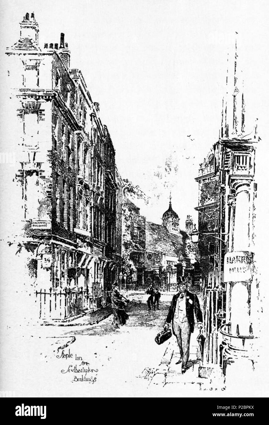 . Anglais : Herbert Railton's illustration d'une vue sur les bâtiments de Southampton Inn discontinues . vers 1895. Herbert Railton (1857-1910)[1] 146 Herbert Railton - Staple Inn Southampton de bâtiments (modifié) Banque D'Images