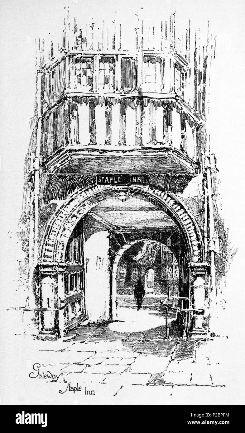 . Anglais : Herbert Railton's illustration de la passerelle de Staple Inn . circa 1895. Herbert Railton (1857-1910)[1] 146 Herbert Railton - Passerelle de Staple Inn (modification) Banque D'Images