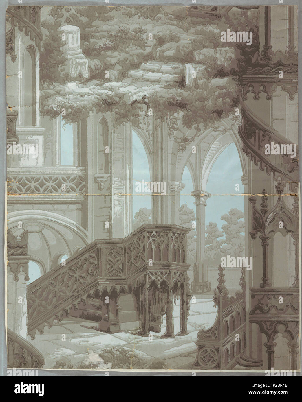 . Anglais : flanc, le monastère, ca. 1900 . Anglais : de style néo-gothique avec des éléments architecturaux, y compris les colonnes, escaliers et ajouré. Contient également des éléments du paysage. Imprimé dans la grisaille et les nuances de gris. . Vers 1900, le monastère de paroi latérale 292, ca. 1900 (CH) 18136507 Banque D'Images