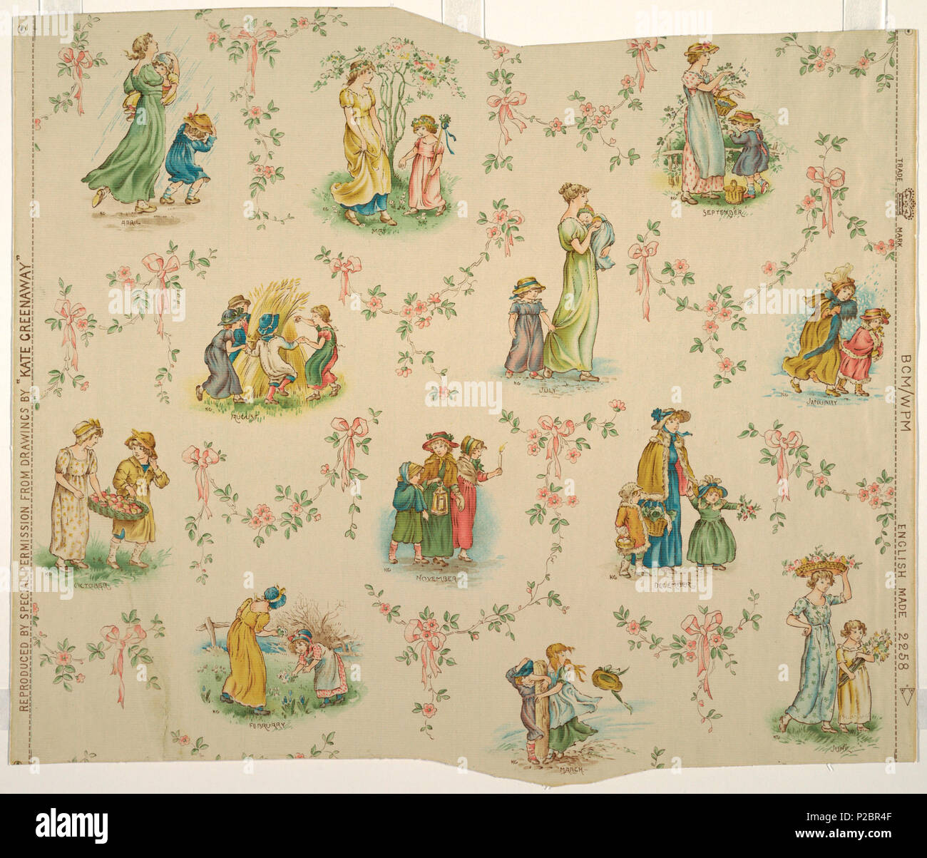 . Anglais : flanc, le mois, 1893 . Anglais : Enfants du papier du rouleau original de Kate Greenaway illustrant le papier les douze mois de l'année. Des groupes de deux ou trois chiffres (surtout les enfants) sont disposés au hasard. Le nom du mois représenté apparaît sous chaque groupe. Pommiers en fleurs et les feuilles attachées avec du ruban rose entourent le divers motifs. Être imprimé en taille-douce avec des couleurs d'huile permettrait à ce document pour être nettoyée. Imprimé en bleu, vert, rose, jaune-brun et de lavande crème sur la masse. . 1893 292, le flanc du mois, 1893 (CH) 18612053 Banque D'Images