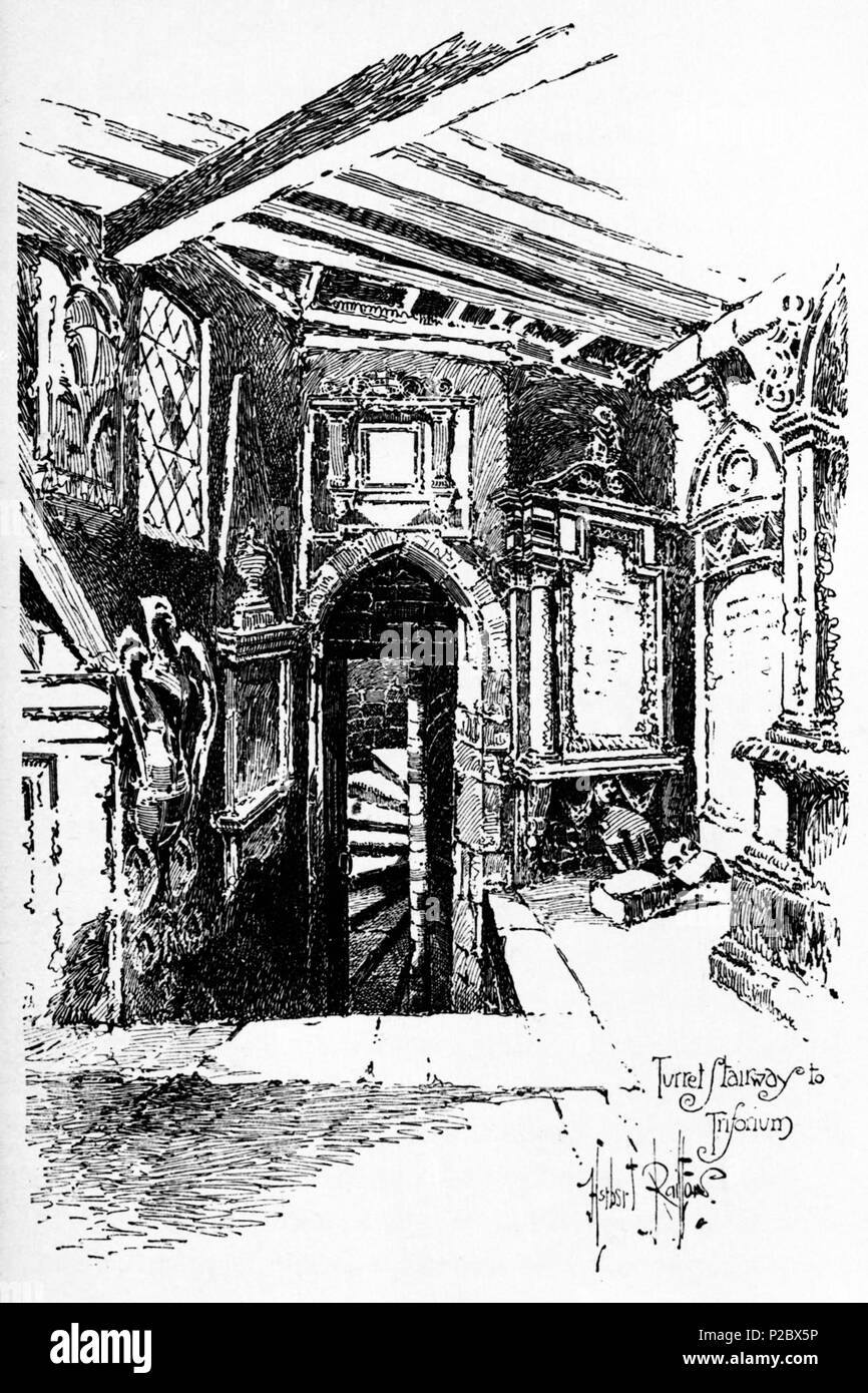 . Anglais : Herbert Railton's illustration de la tourelle d'escalier à l'triforium . vers 1895. Herbert Railton (1857-1910)[1] 146 Herbert Railton - Escalier tourelle de Triforium (modification) Banque D'Images
