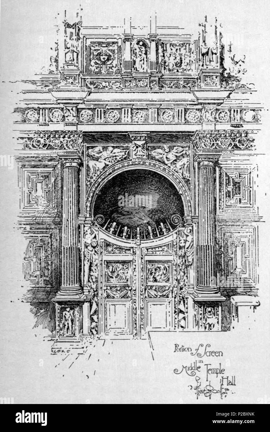 . Anglais : Herbert Railton's illustration d'un écran dans le Middle Temple Hall . vers 1895. Herbert Railton (1857-1910)[1] 146 Herbert Railton - Partie de l'écran dans le Middle Temple Hall Banque D'Images