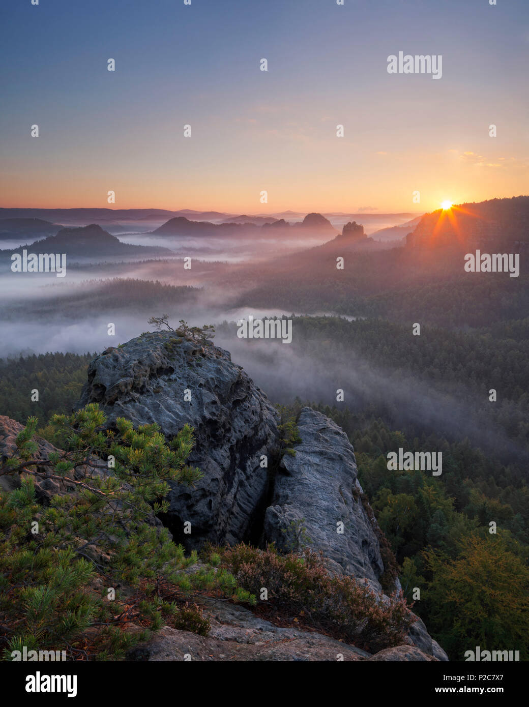 Vue de l'Gleitmannshorn Zschand sur le petit avec du brouillard au lever du soleil avec des rochers en premier plan, Kleiner Winterberg, National Park Banque D'Images