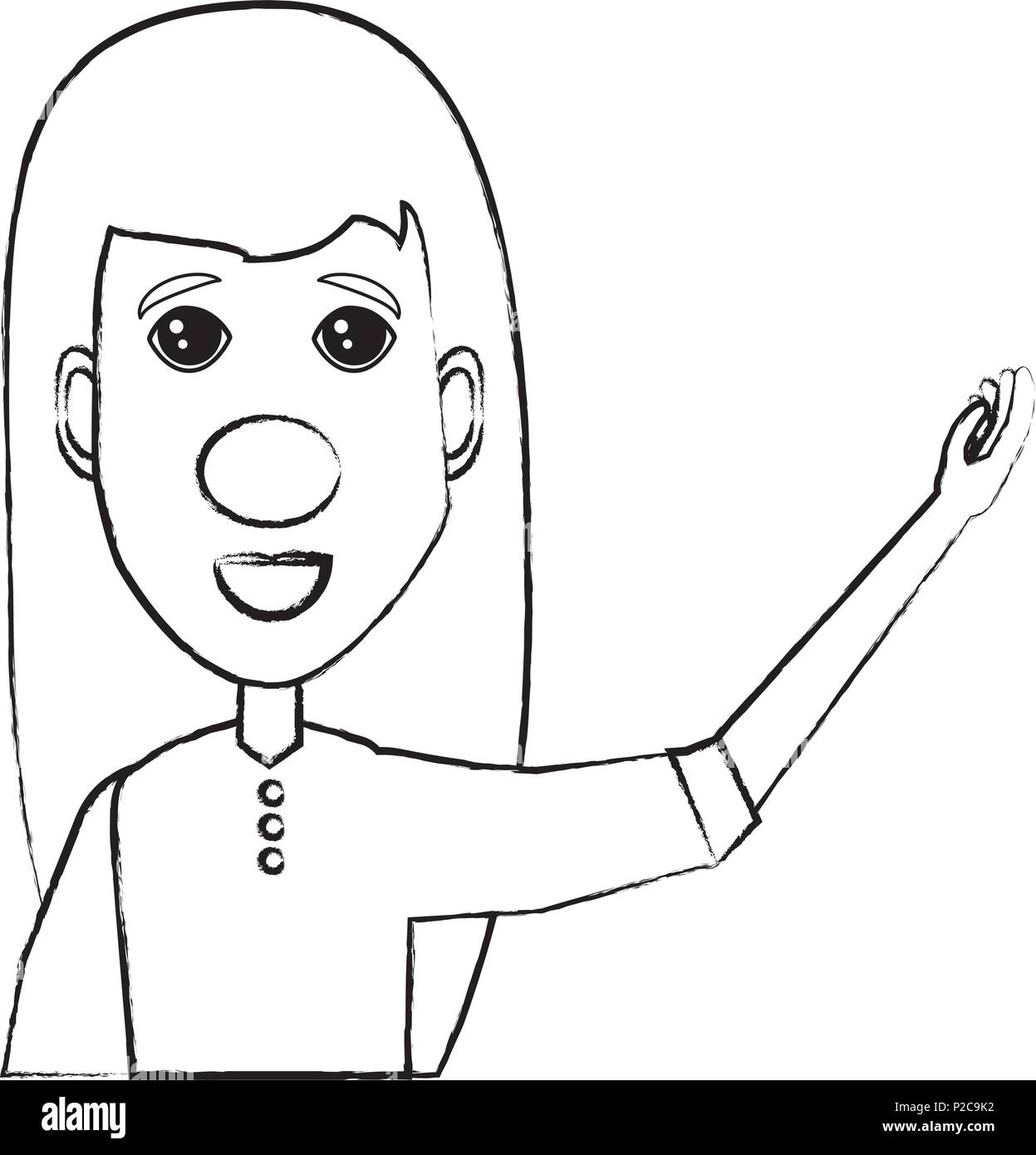 Cartoon happy woman avec nez rouge pointant vers le côté sur fond blanc, vector illustration Illustration de Vecteur