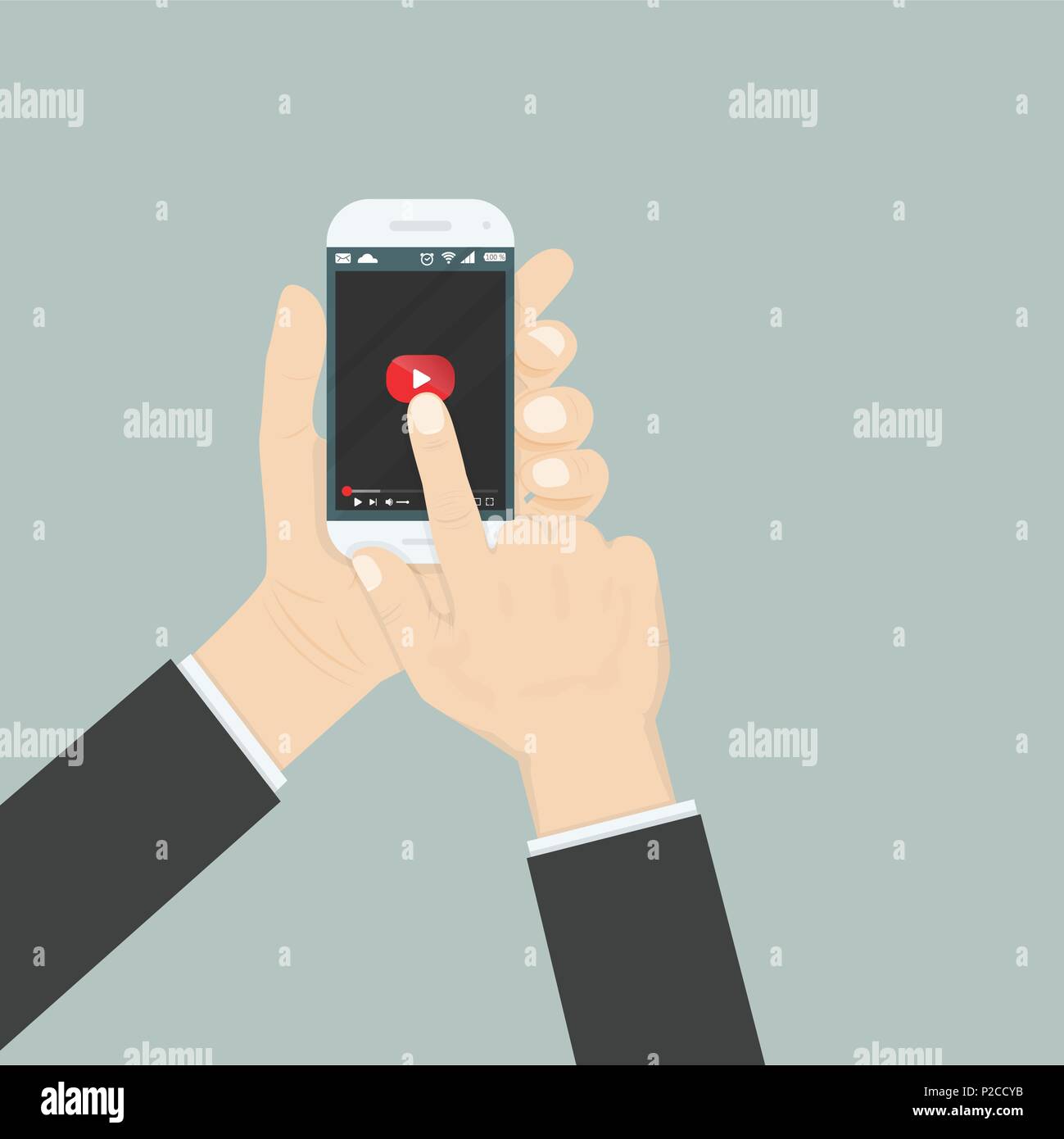 Hand holding smartphone avec lecteur vidéo pour le site web sur l'écran.Les applications mobiles de fond isolé.mobile.L'icône lecteur vidéo Recherche Internet e Illustration de Vecteur