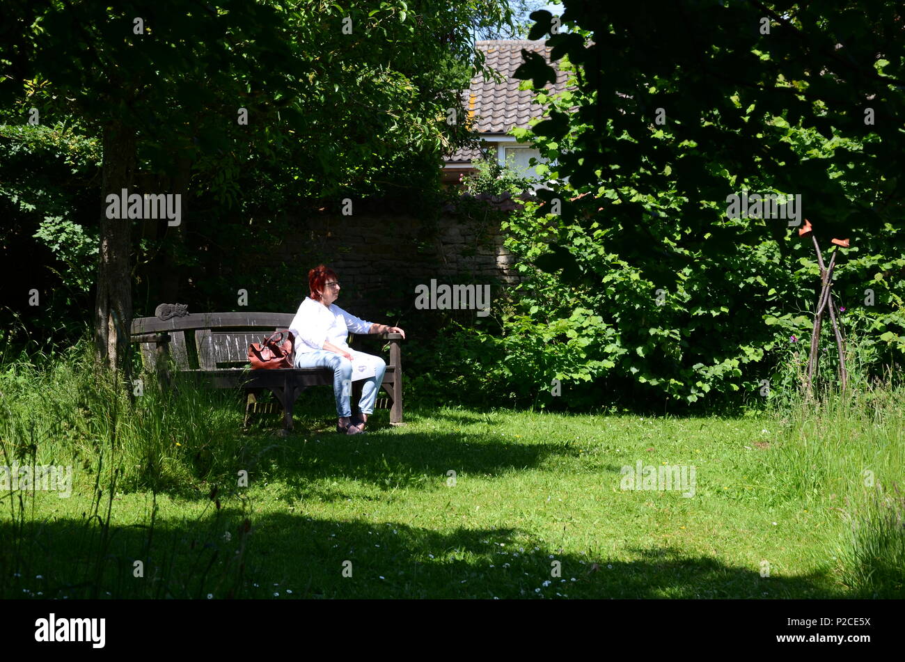 Femme assise seule sur le banc en bois dans jardin de Woolsthorpe Manor, Lincolnshire, Angleterre, lieu de naissance de Sir Isaac Newton. Banque D'Images