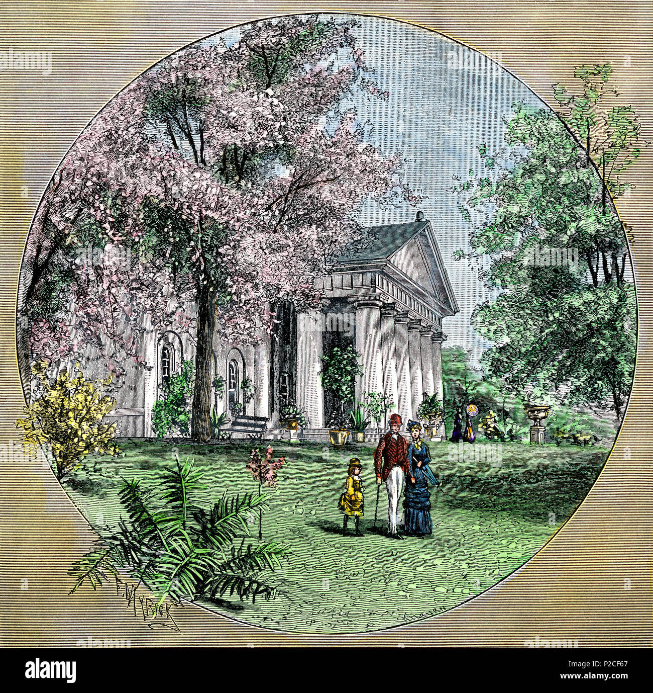 Arlington House, résidence de Robert E. Lee avant la guerre civile, en Virginie. À la main, gravure sur bois Banque D'Images