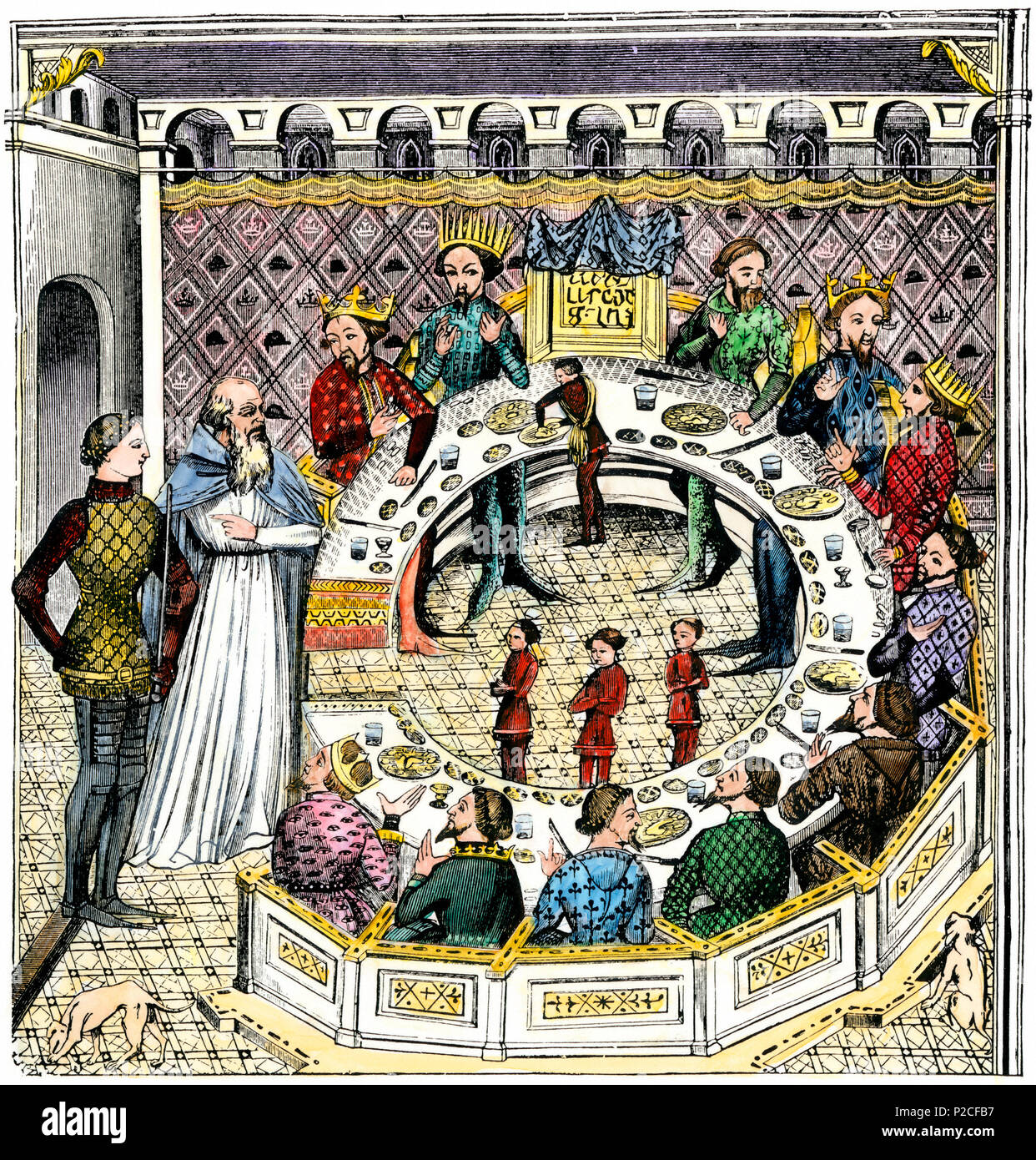 Table ronde du Roi Artus de Bretagne. À la main, gravure sur bois, reproduction d'une miniature du 14ème siècle Banque D'Images