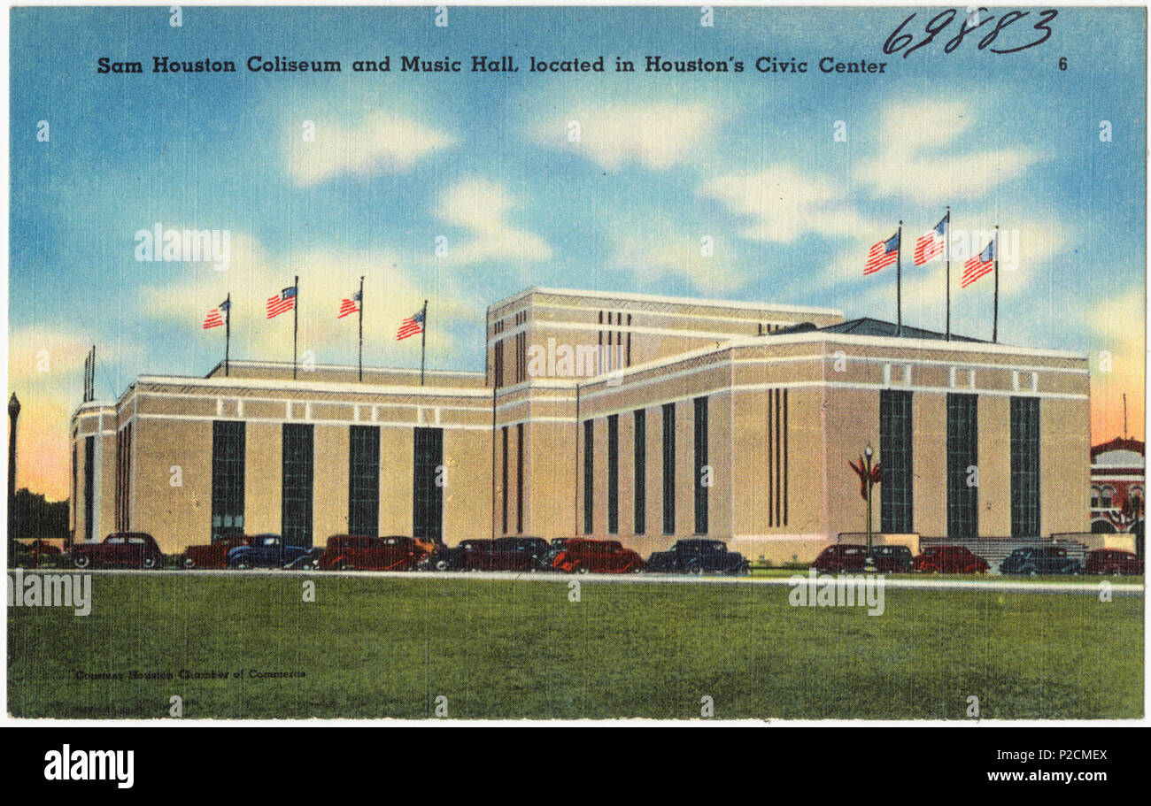 . Anglais : , la texture, couleur ; 3 1/2 x 5 1/2 in. carte postale de la Sam Houston Coliseum et Music Hall de la collection les Frères Tichnor. vers 1940. Inconnu 50 Sam Houston Coliseum et le musc de carte postale Hall Banque D'Images