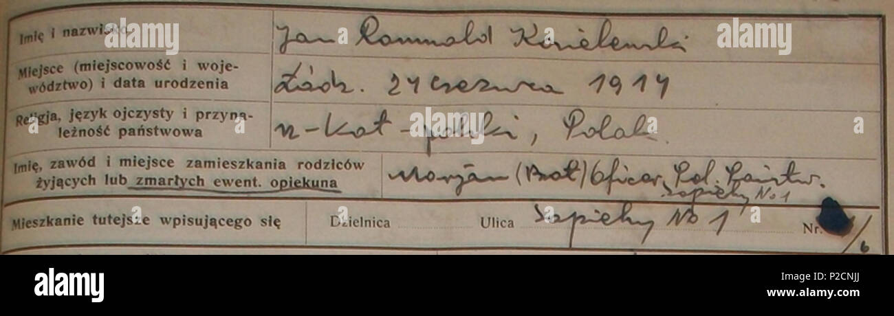 . Anglais : document manuscrit de la pré-GUERRE Lvov avec Jan Kozielewski Karski] [la date de naissance 24 juin 1914 . pre-WWII. Jan Karski 27 anniversaire JanKarski..manuscrite Banque D'Images