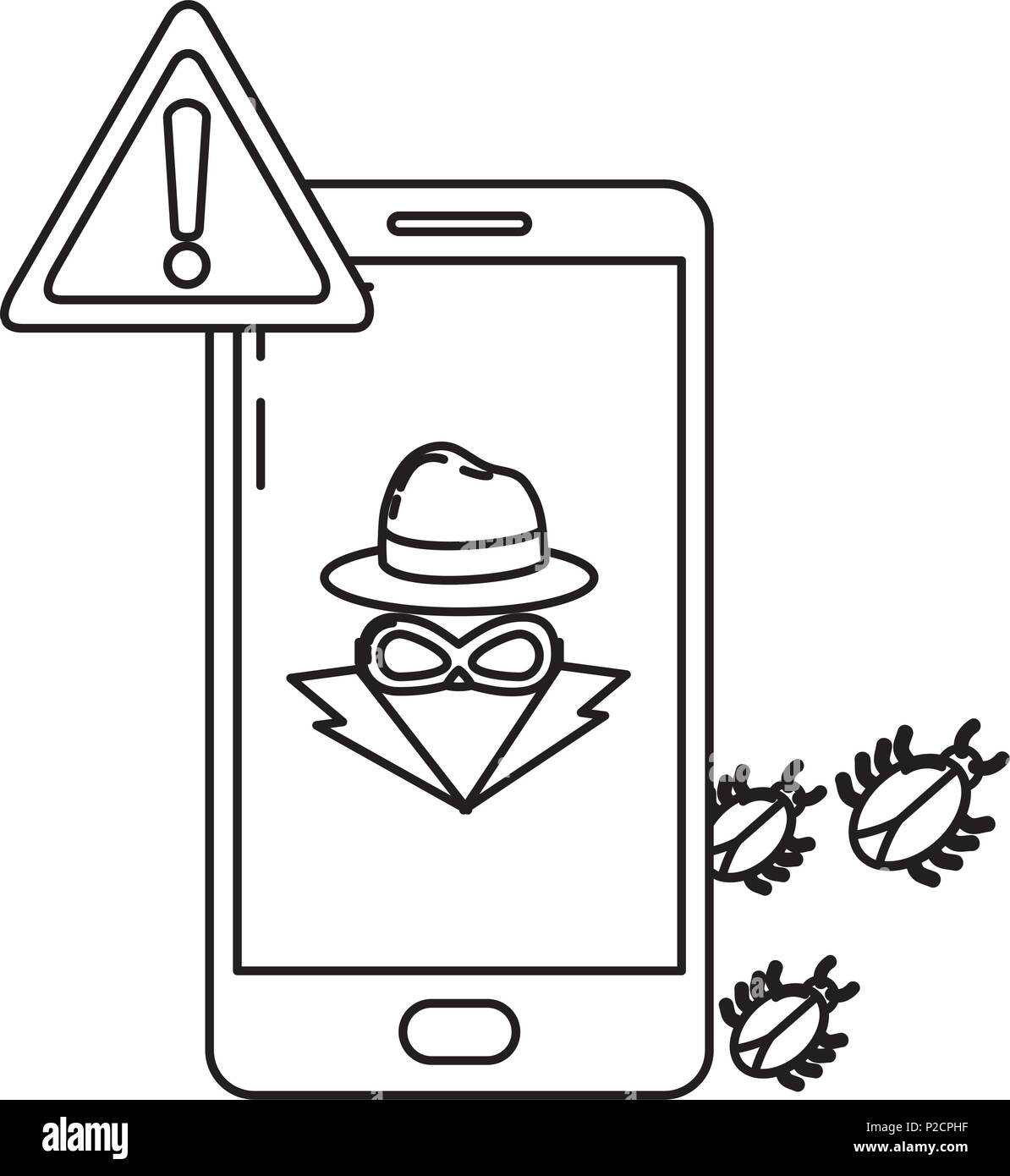 Smartphone ligne avec spider et attention virus hacker Illustration de Vecteur