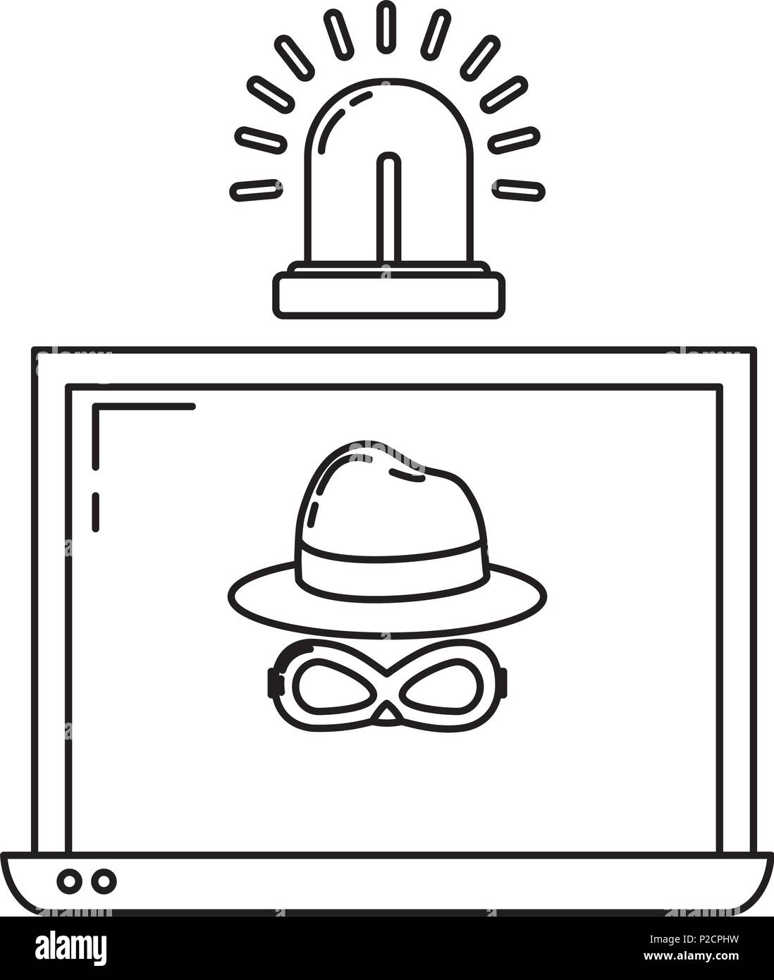 Ordinateur portable avec internet ligne hacker virus et sirène Illustration de Vecteur