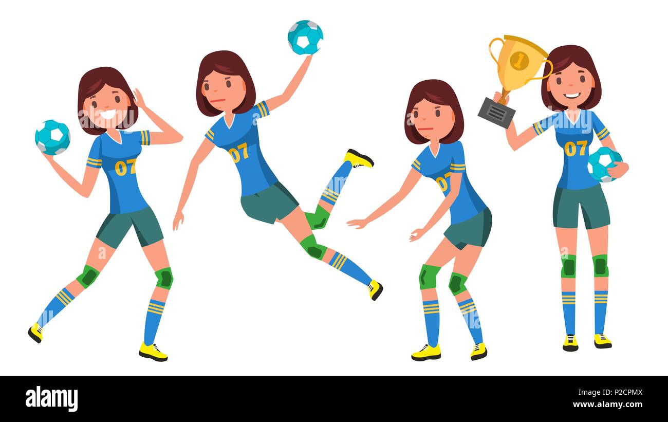 Jeune femme Handball Player vecteur. L'athlète de fille. Lance Balle en saut. La Figure d'attaque. Télévision Cartoon Illustration Illustration de Vecteur