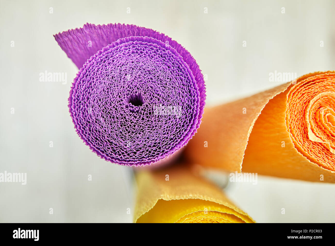 Vue du dessus de l'escargot" de lilas papier crépon enroulées en rouleau. Banque D'Images