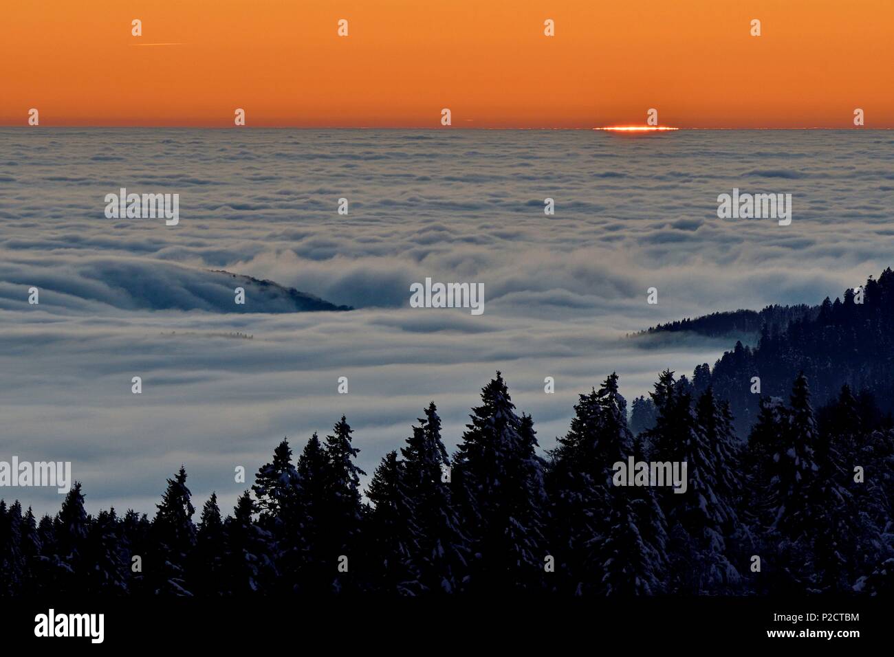 La France, Territoire de Belfort, Massif des Vosges, le Ballon d'Alsace, mer de nuages au coucher du soleil Banque D'Images