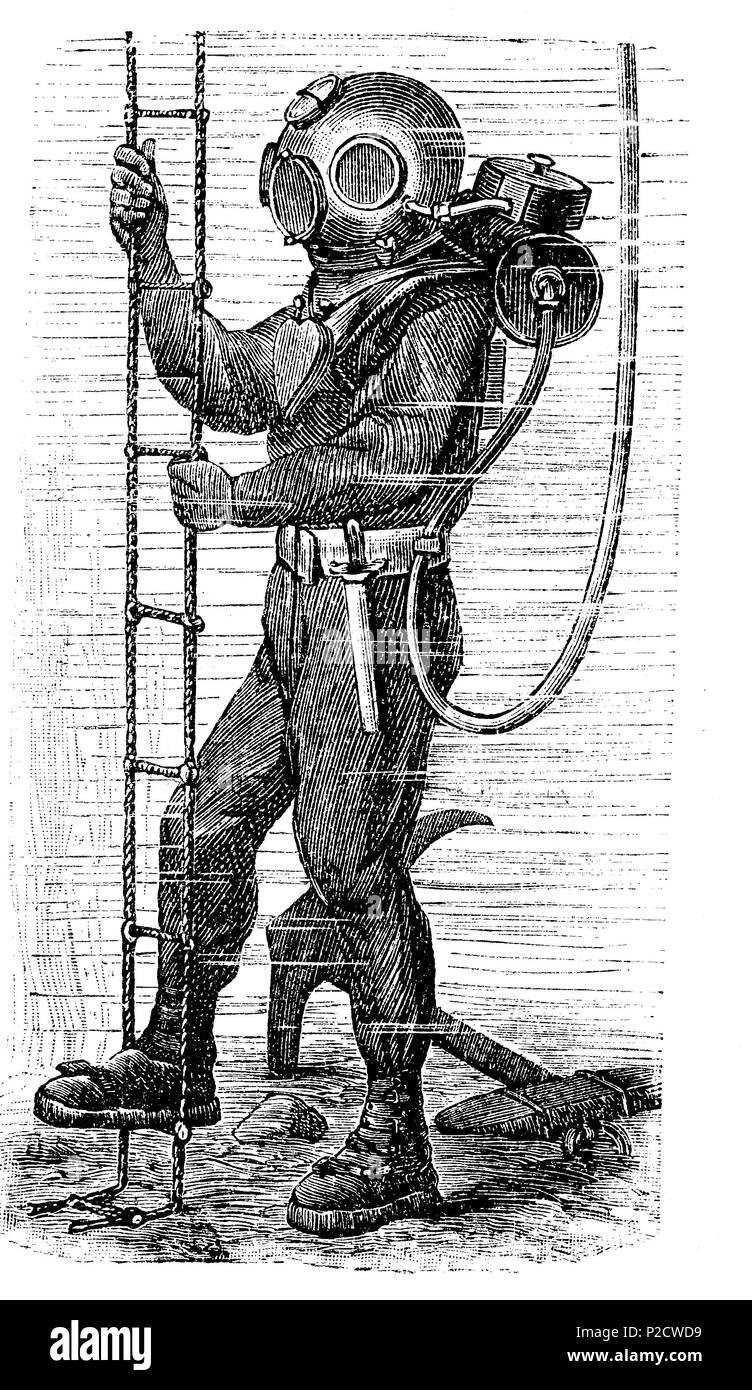 L'équipement de plongée dans l'année 1880, un appareil de plongée Rouquayrol-Denayrouze, dans lequel l'air est pompé à la surface dans un réservoir en forme de tonneau, puis passe à travers le régulateur intégré sur le casque, l'amélioration numérique reproduction à partir d'un tirage original du 19ème siècle, 1881 Banque D'Images