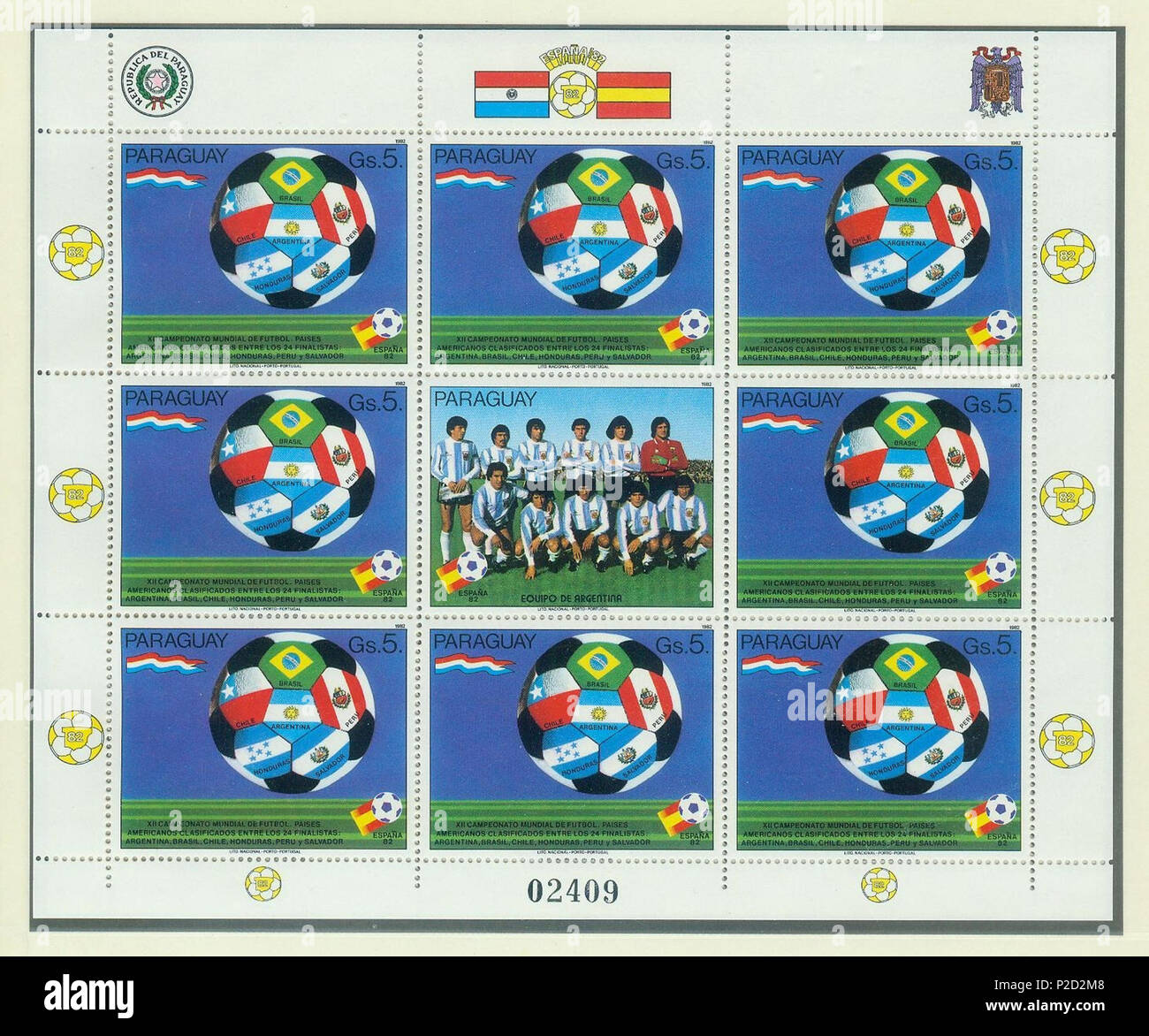 . Deutsch : Briefmarkenblock aus Paraguay zur Fußball-Weltmeisterschaft 1982 in Spanien English : Bloc feuillet du Paraguay de la Coupe du Monde de Football 1982 en Espagne . 1982. Chargé par R-F-AL (discuter | Contributions | Gallery) (Allemand ) 21982-paraguay-wm-Espagne-2 Banque D'Images