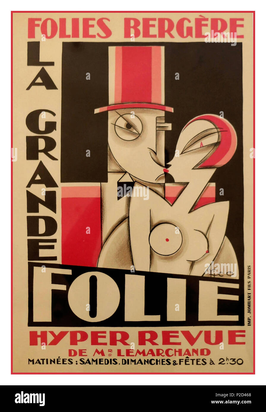 Vintage 'Folies Bergère' affiche conçue par le sculpteur Maurice Picaud connu sous le nom de Pico pour le spectacle spectacle 'La grande folie' qui s'est tenue au célèbre cabaret "Les Folies Bergère" à la fin des années 1920. Poster imprimé par Jombart. Fils-Paris Maurice Picaud est un artiste des arts décoratifs à la suite de sa conception pour la façade Art déco du cabaret Les Folies Bergère à la fin des années 1920 à Paris France publié par Jombart Fils Paris Banque D'Images