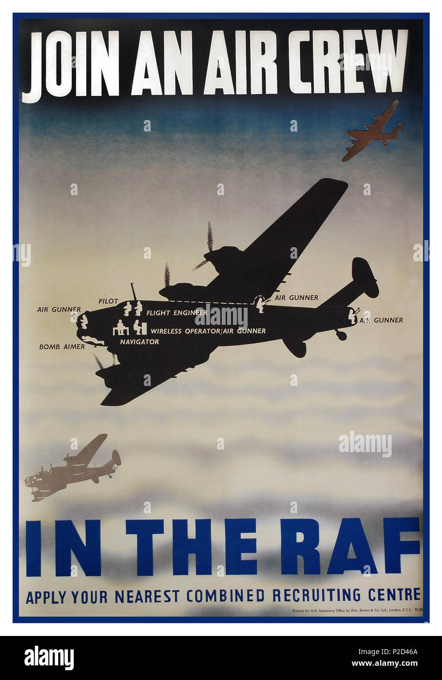 1940 Vintage WW2 affiche de recrutement pour la RAF pour demander à l'équipage d'air inscrivez-vous dans l'effort de guerre contre l'Allemagne nazie dans les avions est la célèbre silhouette schématique Avro Lancaster un quadrimoteur britannique Seconde Guerre mondiale bombardier lourd conçu et fabriqué par Avro, connu sous le nom de bombardier Lancaster Banque D'Images