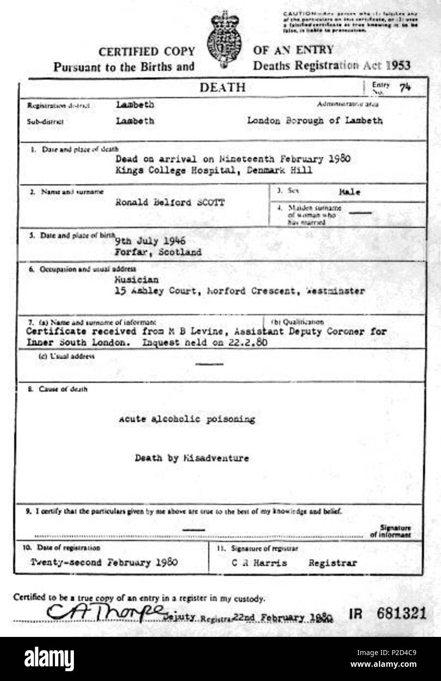 . Anglais : le certificat de décès d'AC/DC Bon Scott. 19 février, 1980. General Register Office 8 BonScottDeathCertificate Banque D'Images