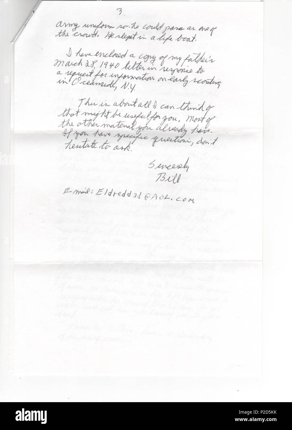 . Anglais : Troisième page d'une lettre de Willard 'loi' Eldred à son Randy Everette. Eldred était le fils d'Arthur, Eldred Rose la première Eagle Scout dans les Boy Scouts of America. Transcrit le:Eldred Lettre - 2006, voir aussi:auteur:Arthur Eldred Rose . 25 octobre 2006. Arthur Rose 17 Eldred Eldred Lettre2006page3 Banque D'Images