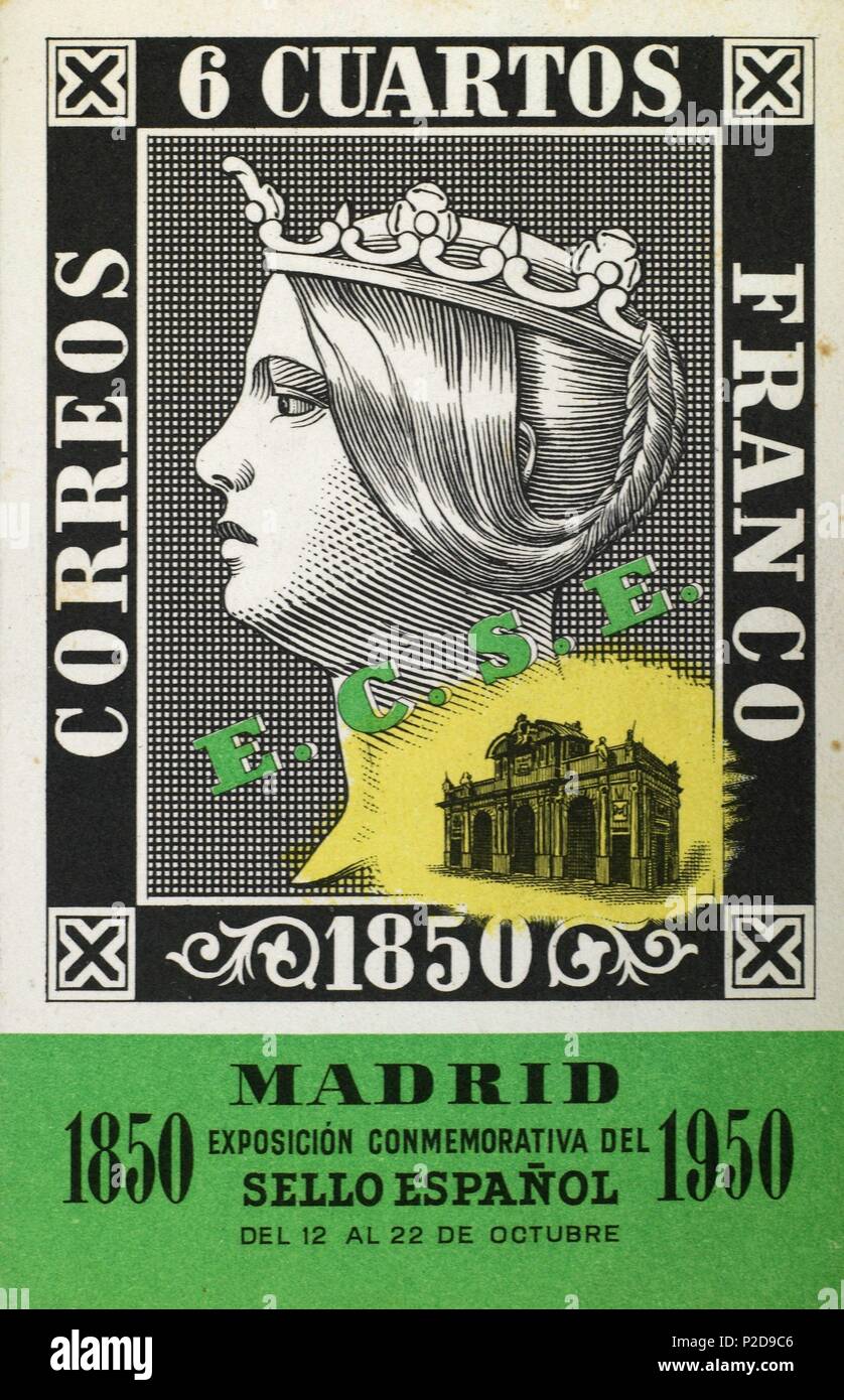 Tarjeta postal. Exposición conmemorativa del Sello español. Madrid, 1950. Banque D'Images
