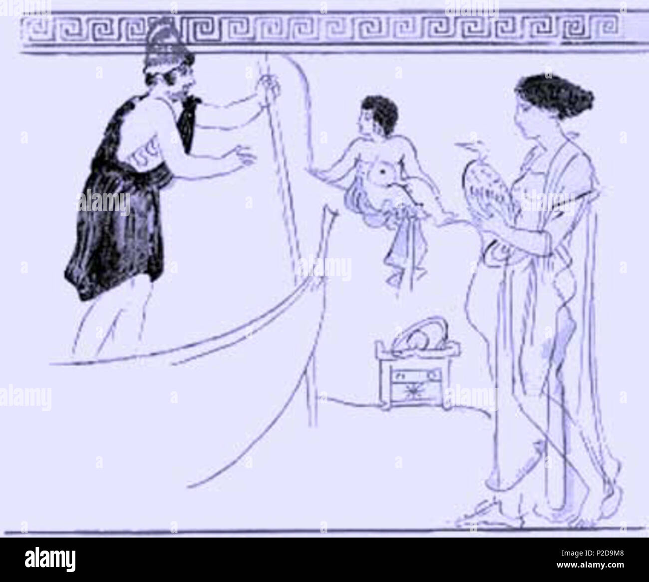 . Anglais : dessin linéaire fondée sur le grec, représentant lekythos Charon recevant l'âme d'un enfant. Une femme, peut-être la mère, porte une oie. Dans l'arrière-plan est un fort présumés contenir des offrandes. Lekythos original décrit par Arthur Fairbanks, l'Athenian Lekythoi avec silhouette en Matt couleur sur fond blanc (Macmillan, 1914), p. 85 en ligne. 19e siècle 31 octobre 2008 (date d'origine). Anonymous chargé par Cynwolfe à fr. 12 recevant des Charon (dessin) Banque D'Images