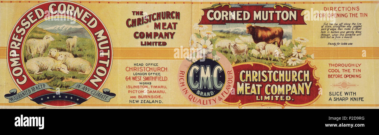 . Christchurch Meat Company Limited:corned comprimé le mouton, il y a lieu de conserver dans tous les climats. Ch[ch]rist[urch] Appuyez sur la Lith, N.Z. [1906-1920 ?] Numéro de référence : Ep-C-S-05 1900 Viande chromolithographie imprimés éphémères, Collection ALEXANDER TURNBULL LIBRARY  <a href ='http://mp.natlib.govt.nz/detail/ ?id =24365' rel ='nofollow' >En savoir plus sur cette image sur nos manuscrits  + site pictural </a > . 1 décembre 1919, 00:00:00. Bibliothèque nationale sur les Communes 13 NZ Christchurch Company Limited de la viande de mouton, de corned-comprimé justifié de maintenir dans tous les climats. Christchurch Press Co Lith, N.Z. 1906-19 Banque D'Images