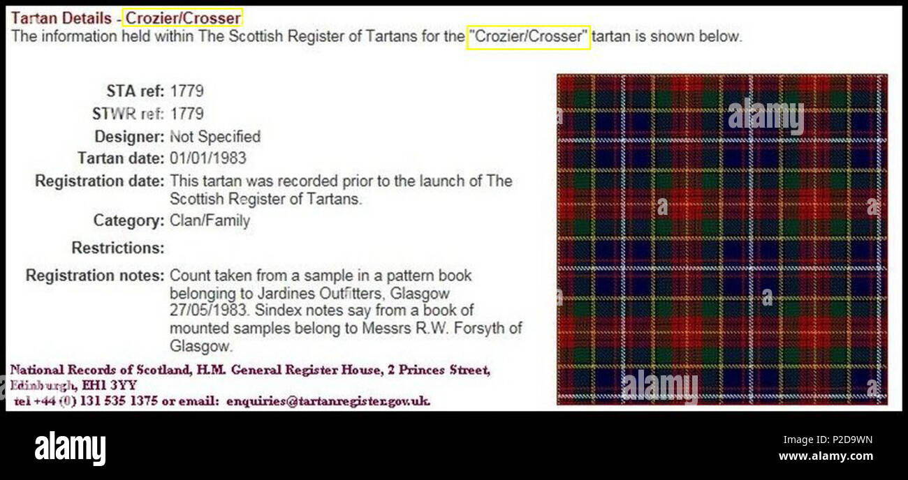 . Anglais : Clan Crozier Crosser Détails Tartan registre du gouvernement britannique et de l'information normes jpg inclus photo tartan sur jpg graphique. 1er janvier 1983. Archives nationales de l'Écosse 13 Tartan Clan Crozier Crosser Détails Royaume-uni gouvernement normes registre jpg Banque D'Images