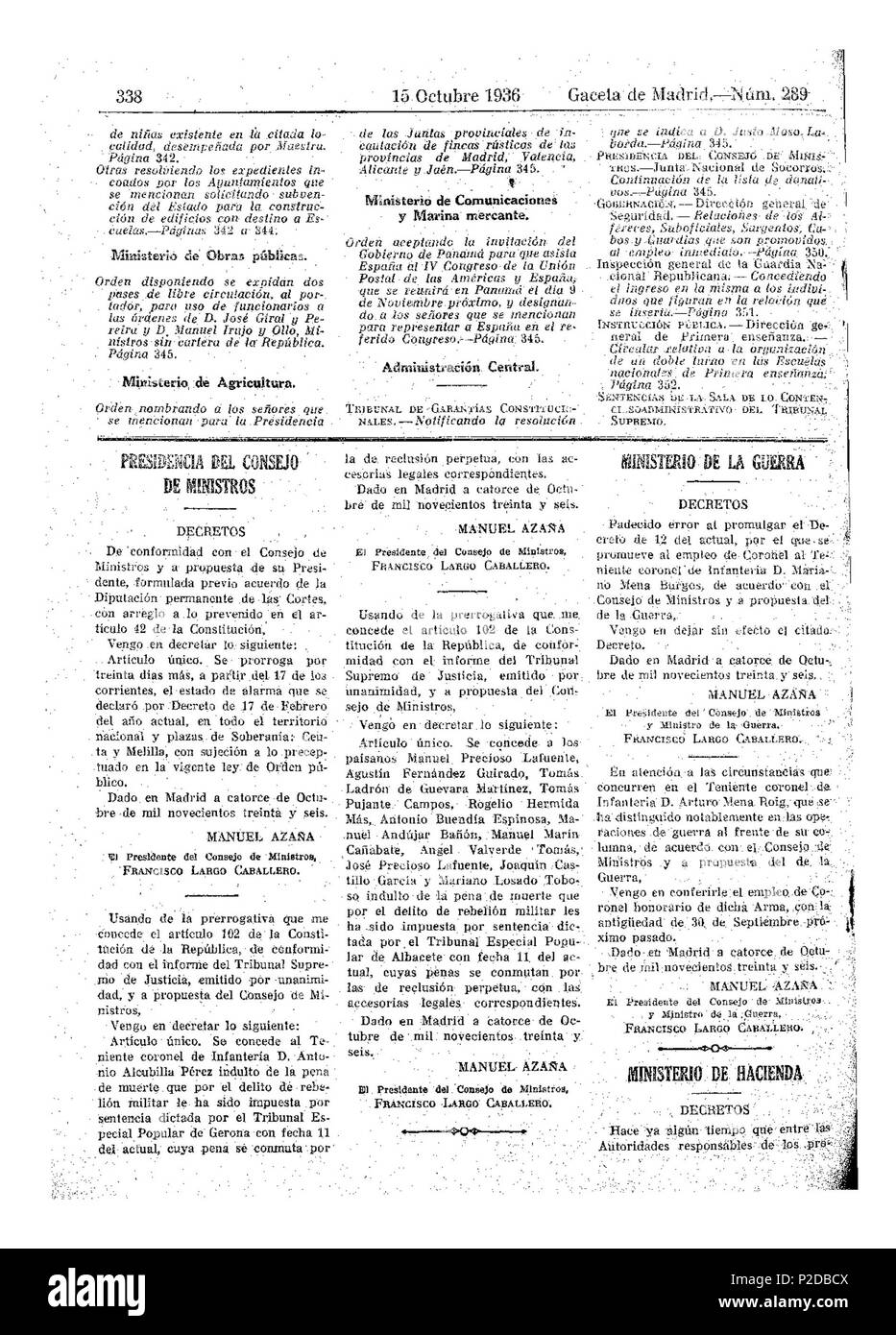 . Español : Gaceta de Madrid (289) : 338. 15 oct. 1936. 25 février 2018. La Gaceta de Madrid 21 Gaceta de Madrid (289) 338. 15 oct. 1936 Banque D'Images