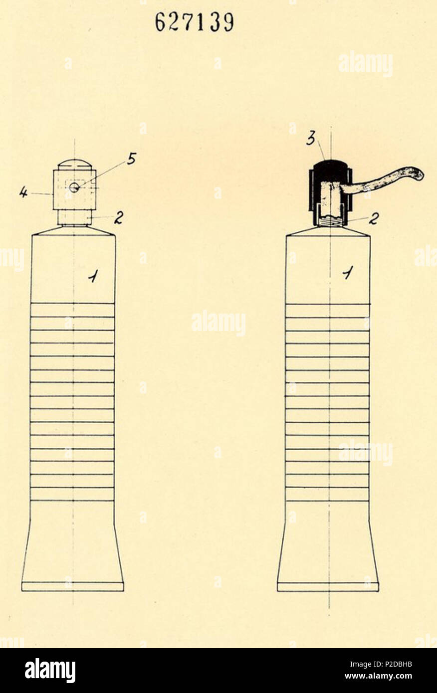 . Italiano : Giovanni Cardinale, brevetto di una chiusura par tubetti, Genova 1961 . Italiano : Disegno per il Brevetto per invenzione industriale n. 627139, classe B 67 b., di Giovanni Cardinale per una chiusura par tubetti del tipo dentifricio costituita da un manicotto une fuoriuscita atto consentire la laterale del Prodotto, Genova. Data di deposito : 14 aprile 1960. Data di concessione : 26 ottobre 1961 (comme Genova, Ufficio Provinciale Industria, Commercio e Artigianato di Genova, Fondo Brevetti) . 26 ott. 196122 Giovanni Cardinale, brevetto di una chiusura par tubetti, Genova 1961 - san SAN dl Banque D'Images