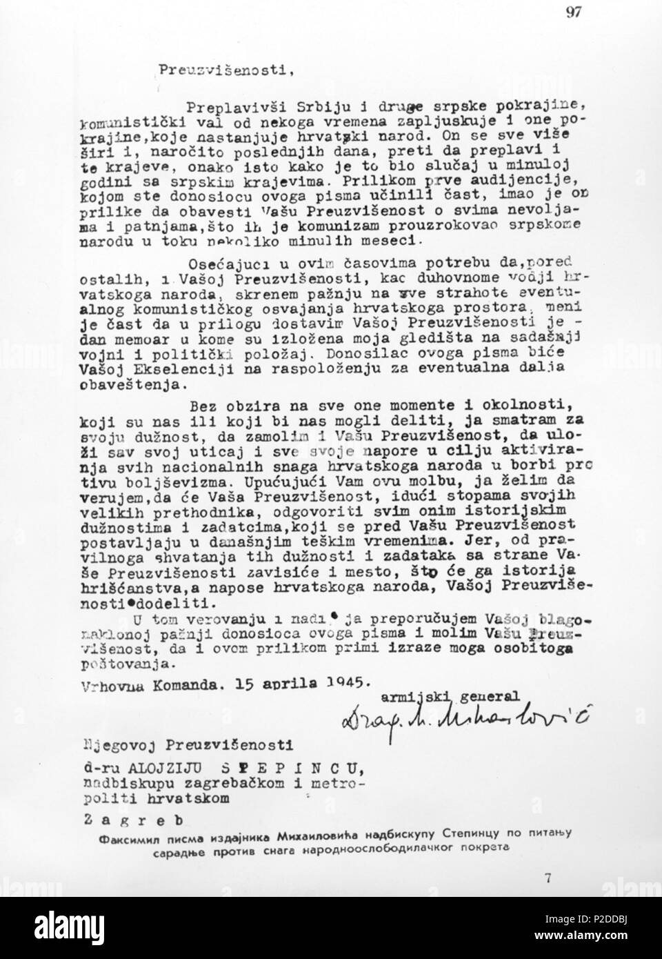 31 Lettre de Draža à Stepinac, 15 avril 1945 Banque D'Images