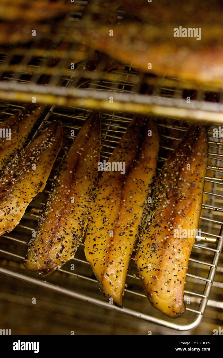 France, Manche, mer d'Iroise, Cap Sizun, Audierne, Pointe du Raz, le poisson fumé au poivre et smokehouse Banque D'Images