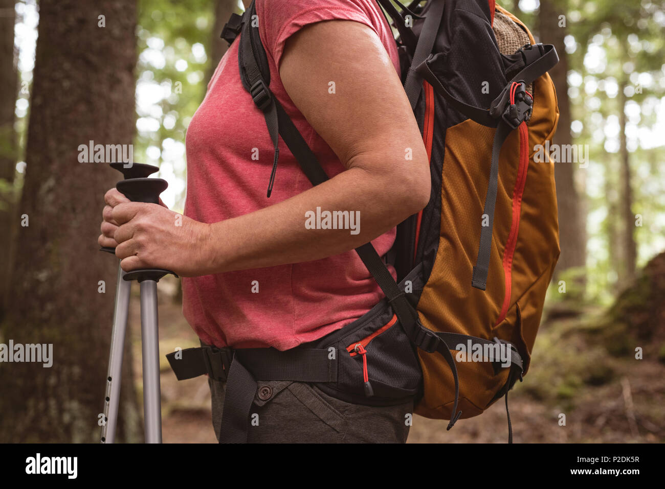 Femme mature avec des bâtons de marche debout dans la forêt Banque D'Images