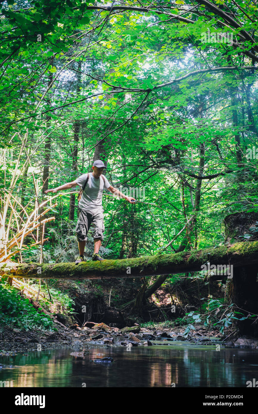 L'homme seul dans la forêt sauvage. Voyages et aventures concept. Photographie de paysage Banque D'Images