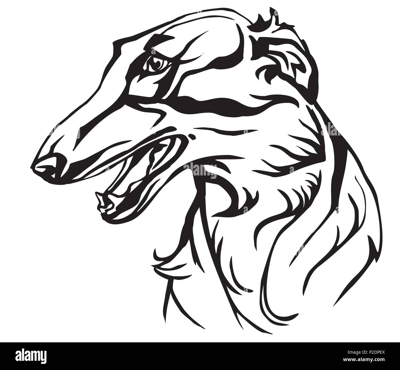 Portrait de profil décoratif en chien lévrier russe, vector illustration en couleur noir isolé sur fond blanc Illustration de Vecteur
