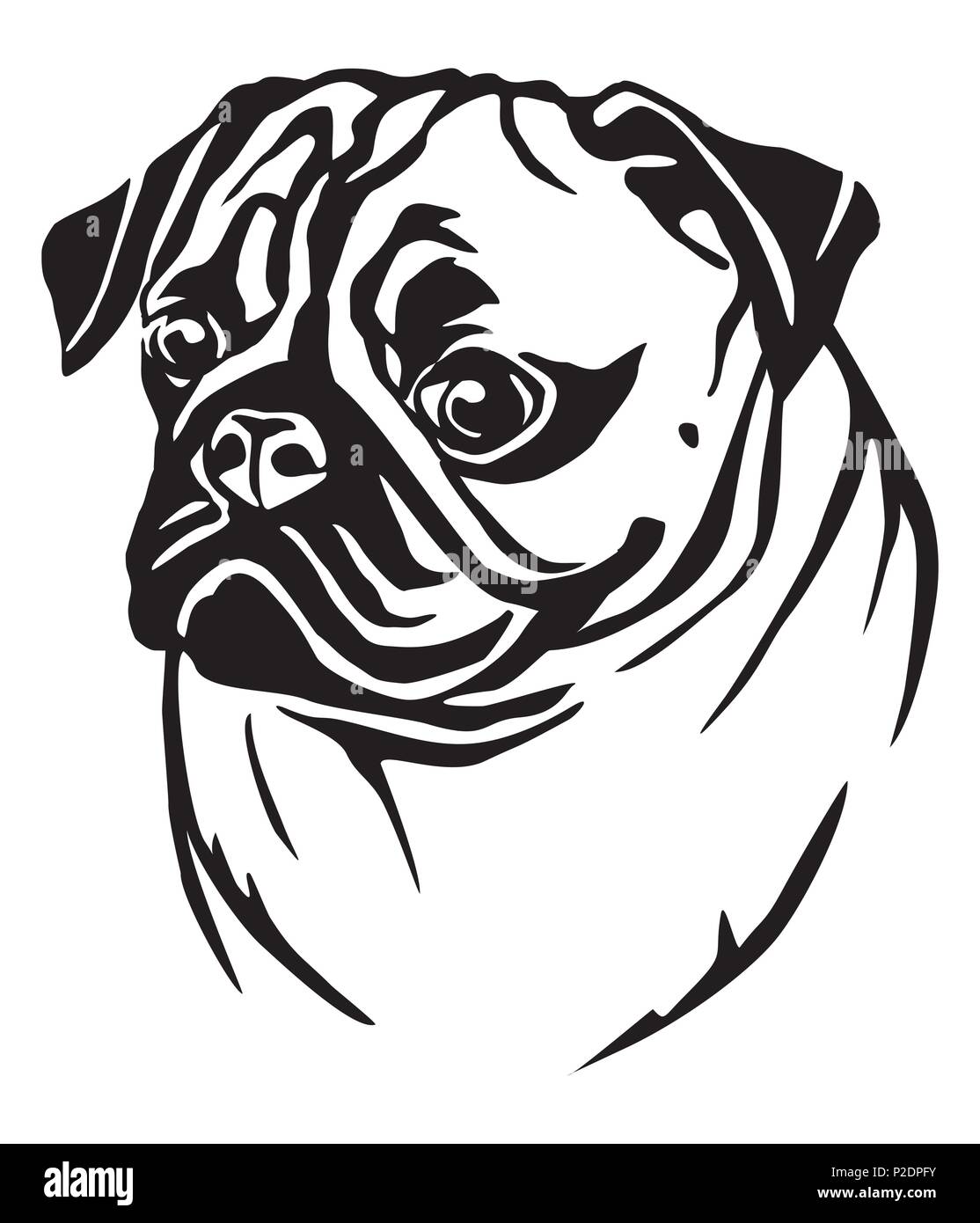 Portrait de profil décoratif en Pug dog, vector illustration en couleur noir isolé sur fond blanc Illustration de Vecteur