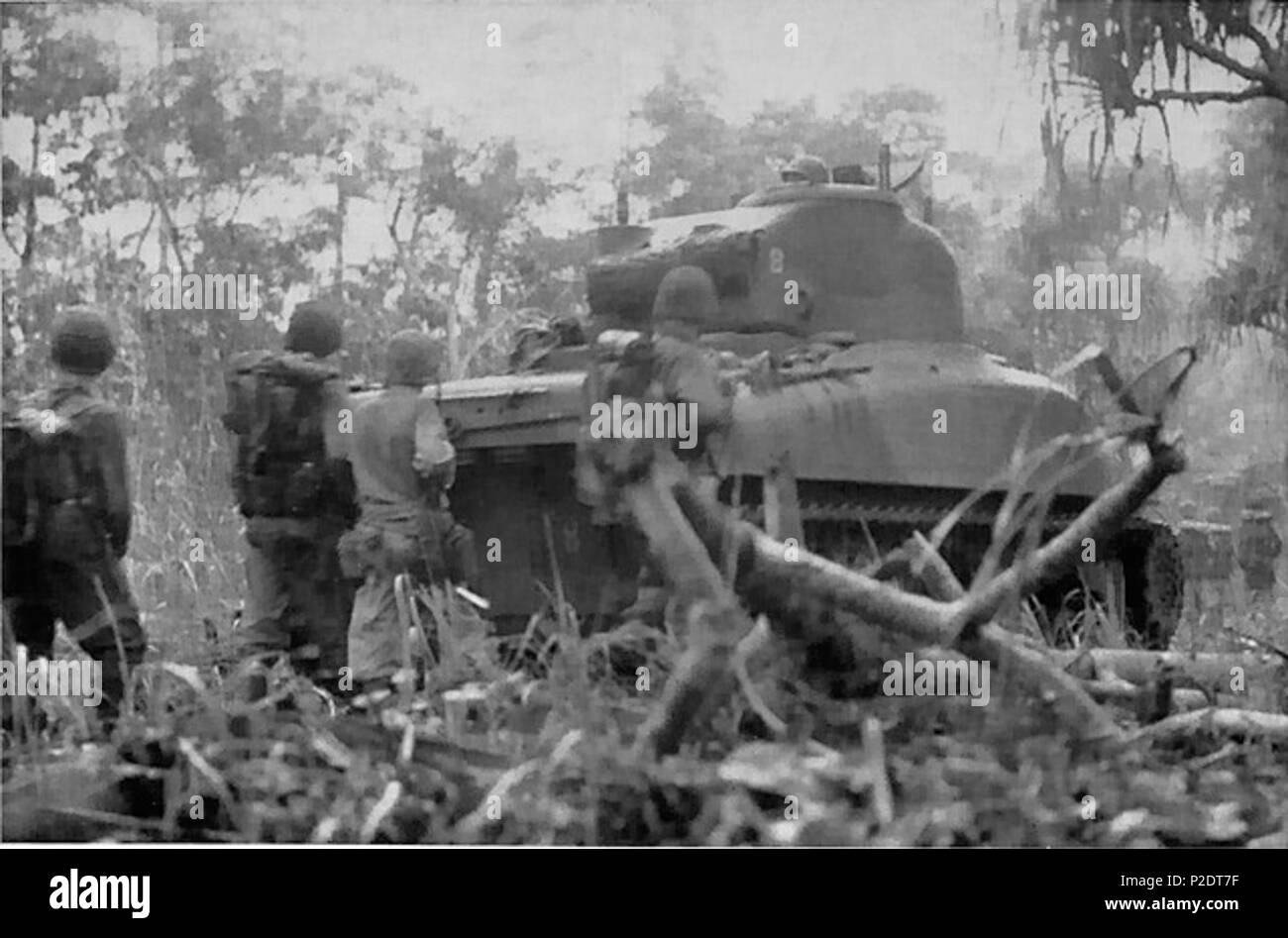 . Anglais : les réservoirs et les hommes sont en route pour l'aérodrome de Cape Gloucester. Les réservoirs protégés l'infanterie et l'infanterie protégé les cuves, comme la 1ère Marines conservés l'aérodrome dur passe . Post-Work : W.Wolny 61 chars et d'hommes sont en route pour l'aérodrome de Cape Gloucester Banque D'Images