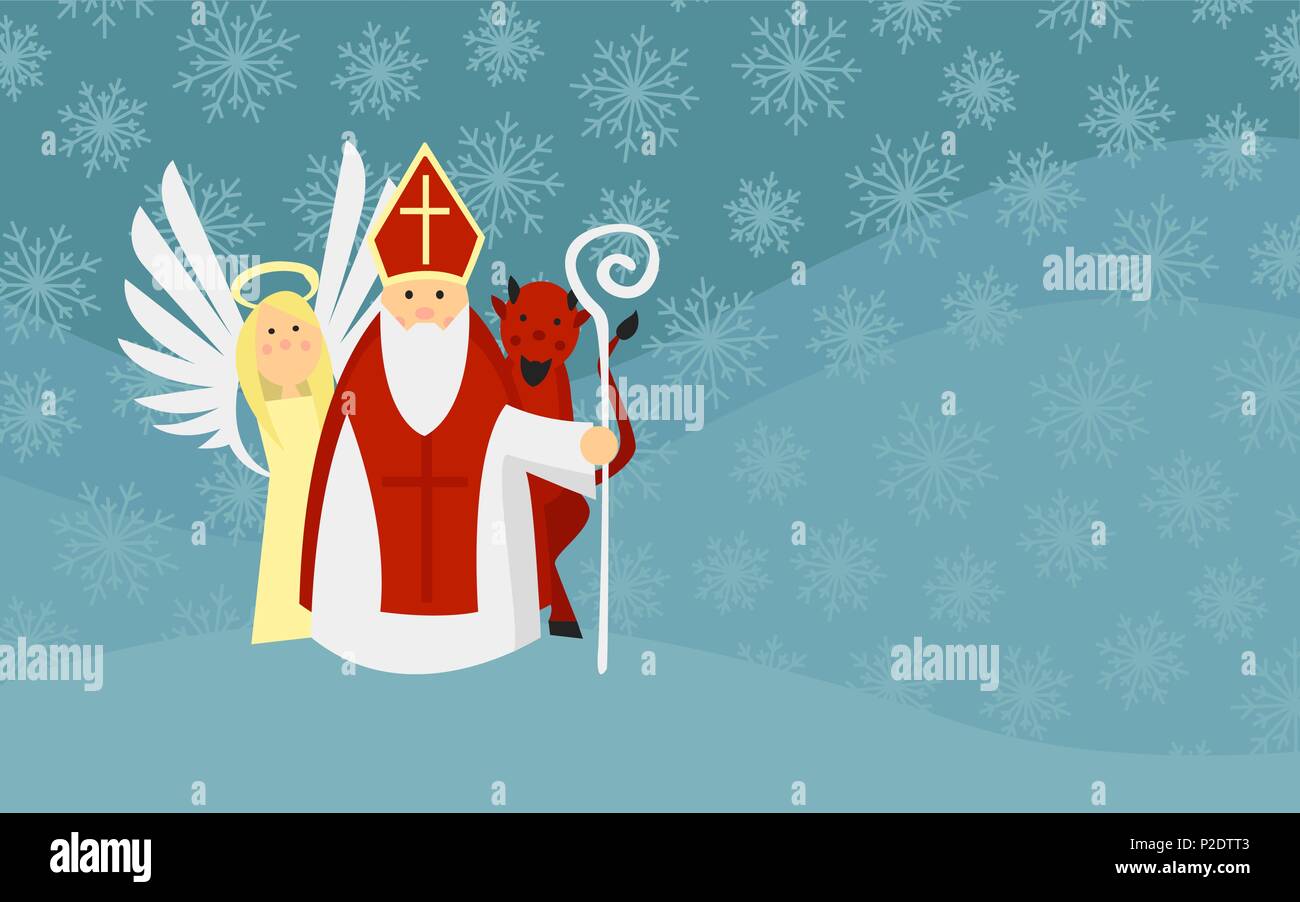 Saint Nicholas avec ange et diable dans Paysage de neige. La tradition européenne. Conçu pour carte de Vœux, carte d'Invitation, annonce ect. Illustration de Vecteur