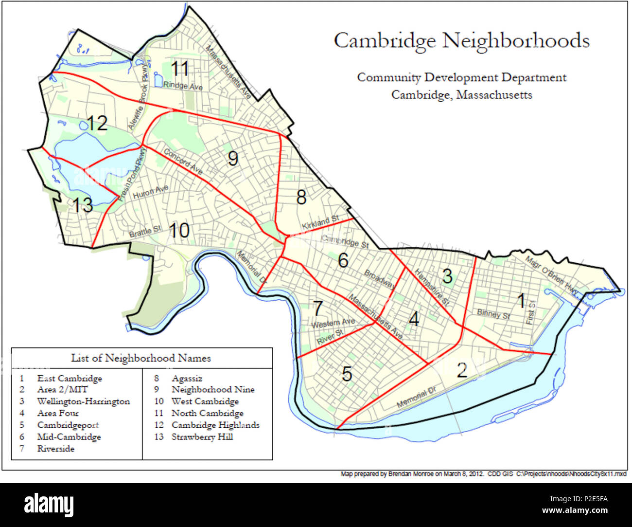 36 Carte du quartier de Cambridge, MA Banque D'Images