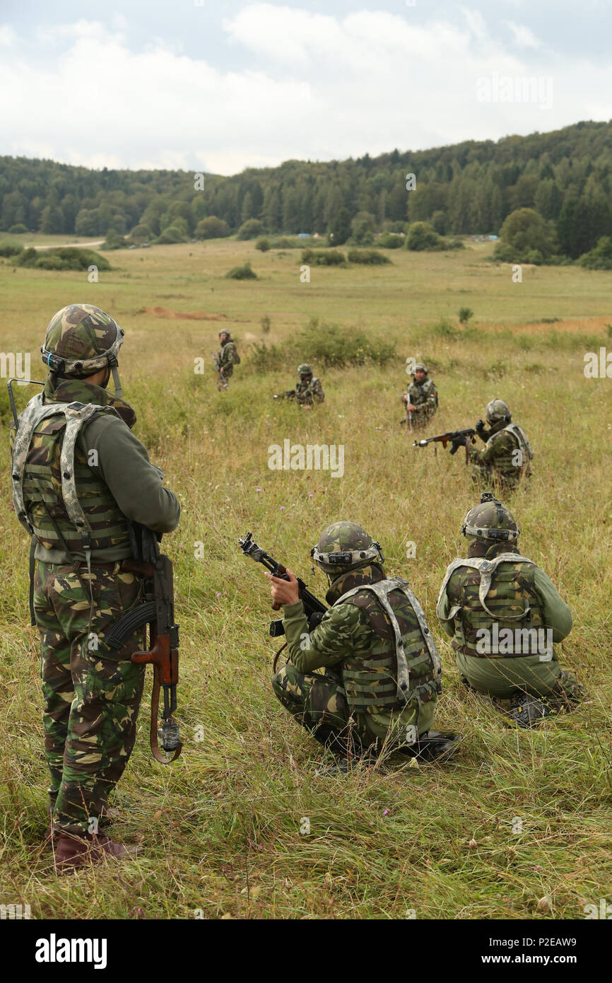 Soldats roumains du 33e Bataillon de montagne Posada prendre une pause tactique tout en menant des procédures conduisant des troupes au cours de l'exercice Combined Résoudre VII à l'armée américaine dans le centre de préparation interarmées multinationale Hohenfels Allemagne, le 5 septembre 2016. Résoudre combiné VII est un 7e armée le commandement de l'instruction, de l'armée américaine l'Europe-dirigé, l'exercice en cours à l'Grafenwoehr Hohenfels et zones d'entraînement, le 8 août au 15 septembre 2016. L'exercice est conçu pour former les forces de l'armée affectés à l'échelle régionale pour les États-Unis en Europe. Résoudre combiné VII comprend plus de 3 500 participants de 16 NAT Banque D'Images