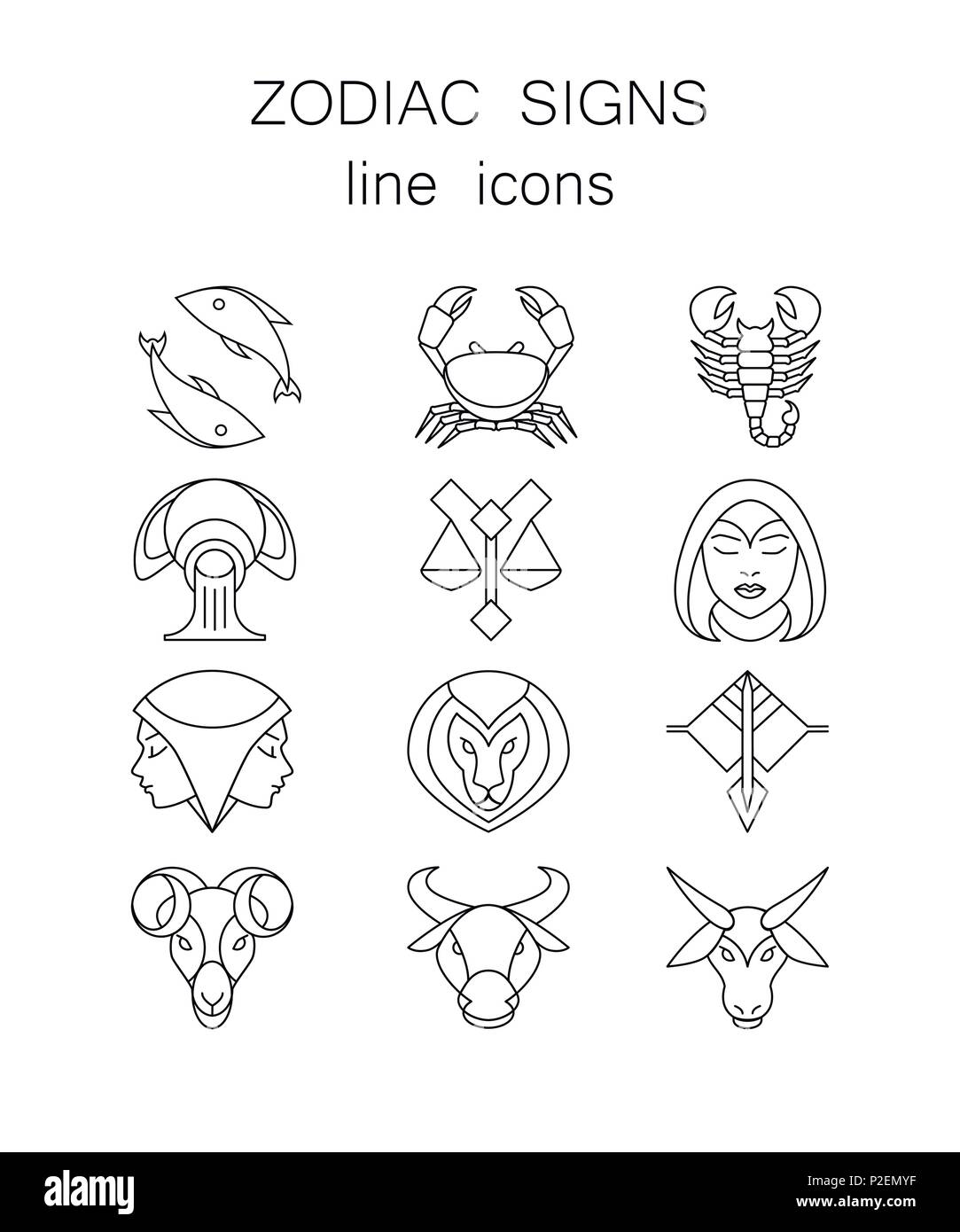 Jeu de symboles linéaires, 12 signes du zodiaque, horoscope icons Illustration de Vecteur