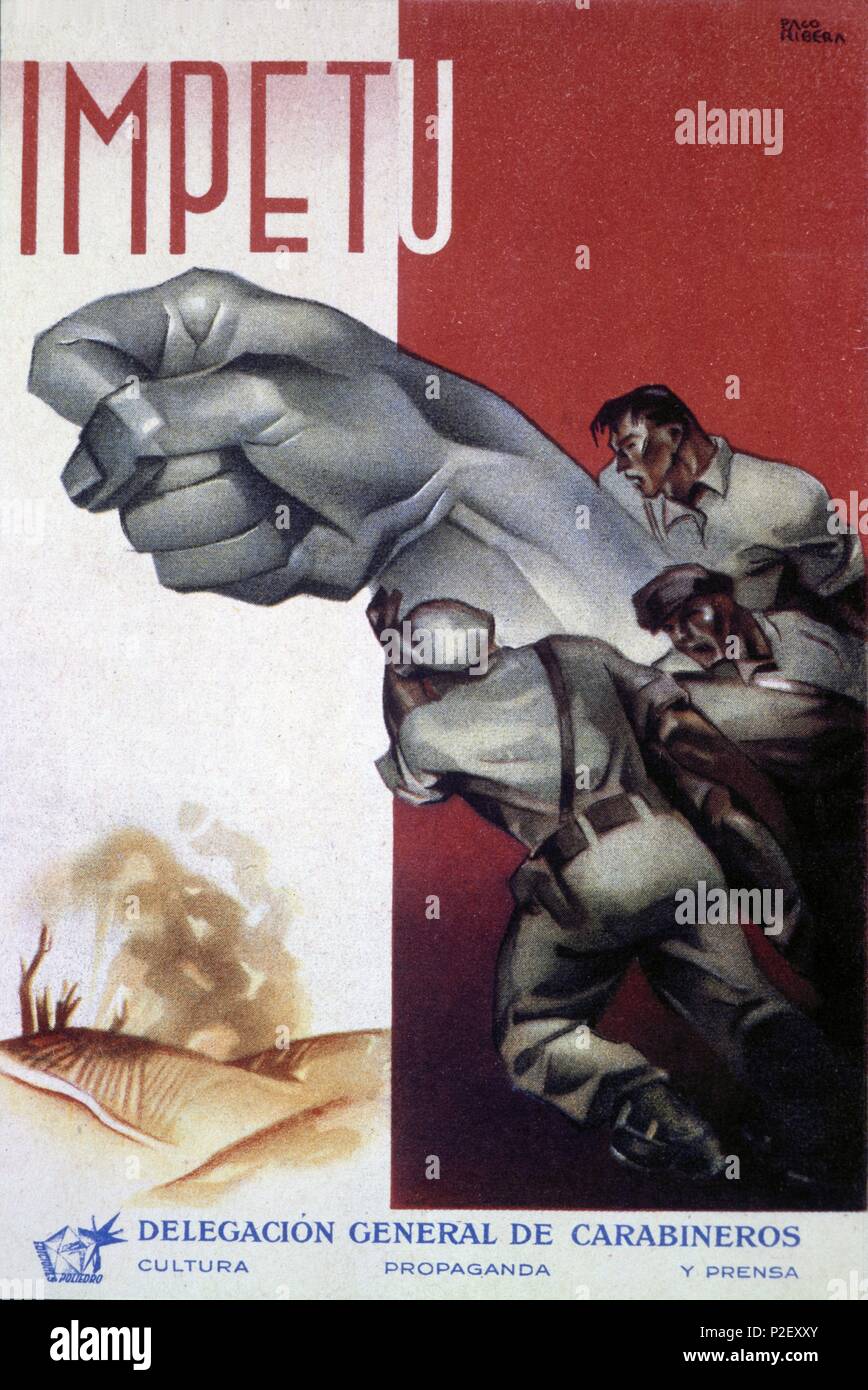 Cartel publicitario editado por la Delegación General de carabiniers. Obra de Paco Ribera. Zona republicana. Año 1937. Guerra civil 1936-1939. Banque D'Images