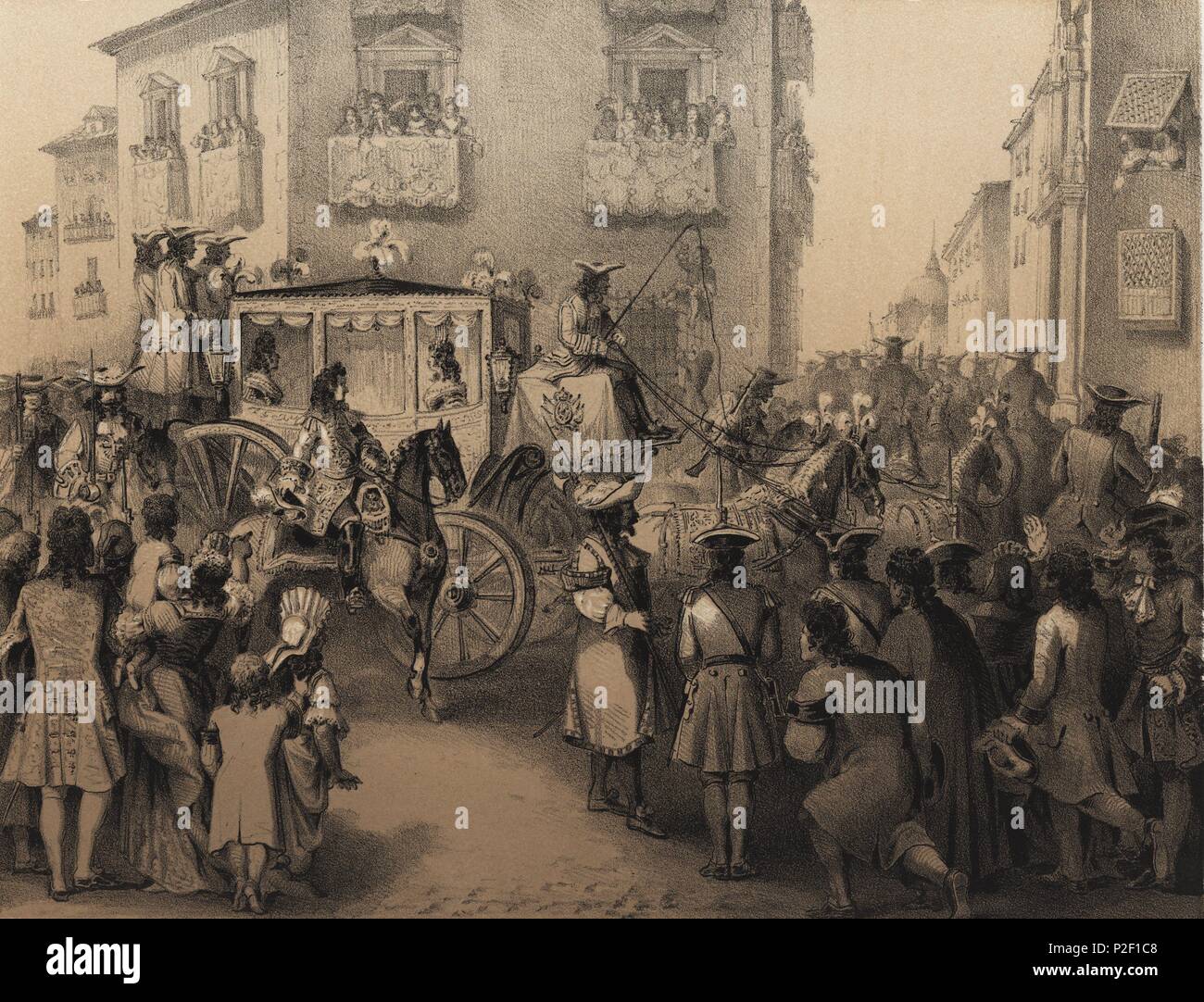 Entrada pública de Felipe V en Madrid, en 1703. La gravure de 1870. Banque D'Images