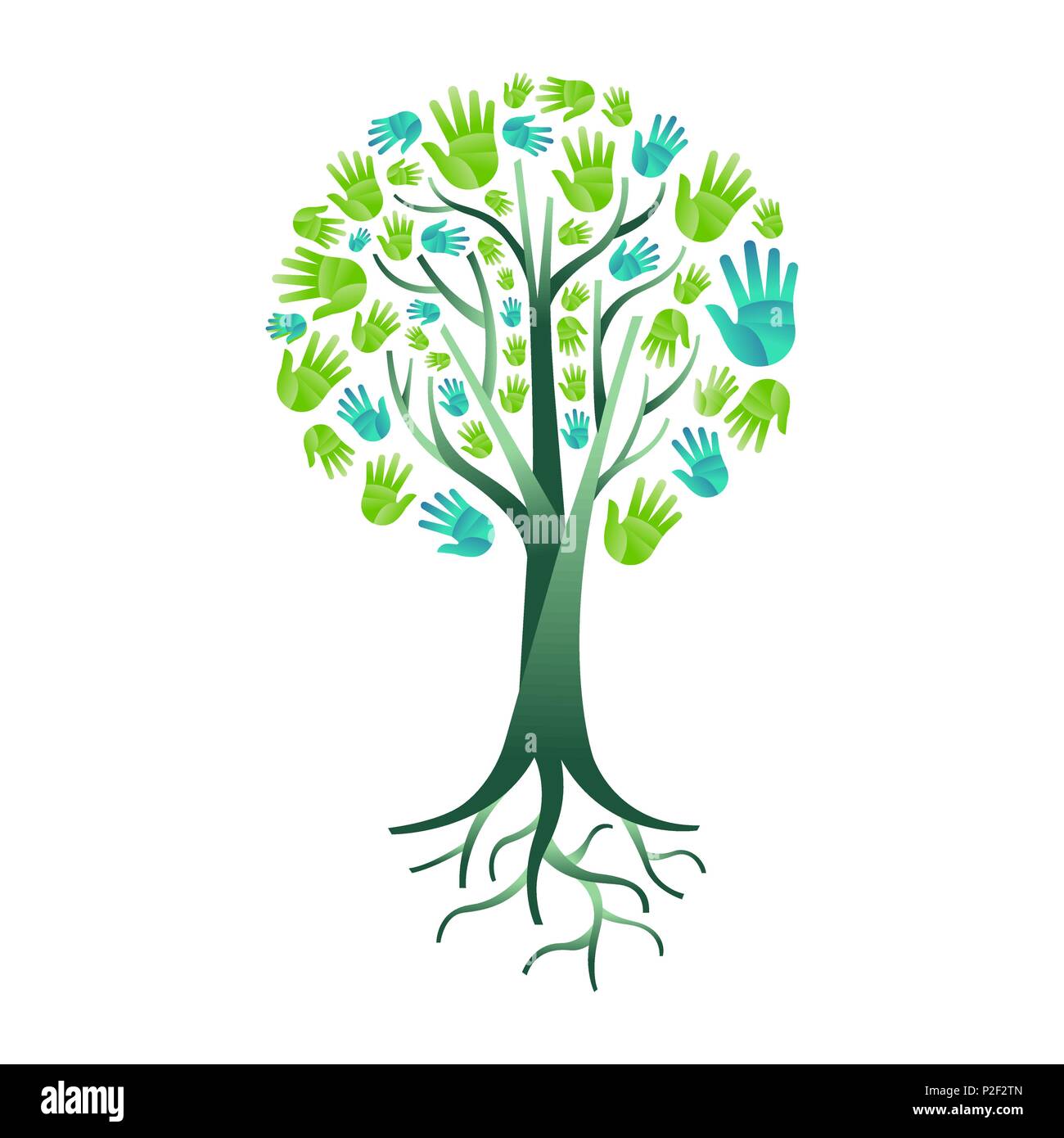 Arborescence constituée de mains humaines vert avec des branches et racines. Concept de l'aide de la nature, de l'environnement groupe ou d'équipe de soins de la terre. Vecteur EPS10. Illustration de Vecteur