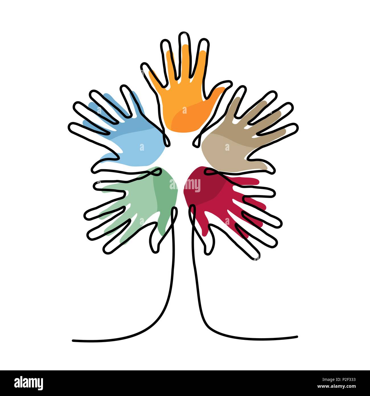 Arborescence constituée de mains humaines colorées en une seule ligne continue. Concept idée pour aider la communauté, projet de charité ou événement culturel. Vecteur EPS10. Illustration de Vecteur
