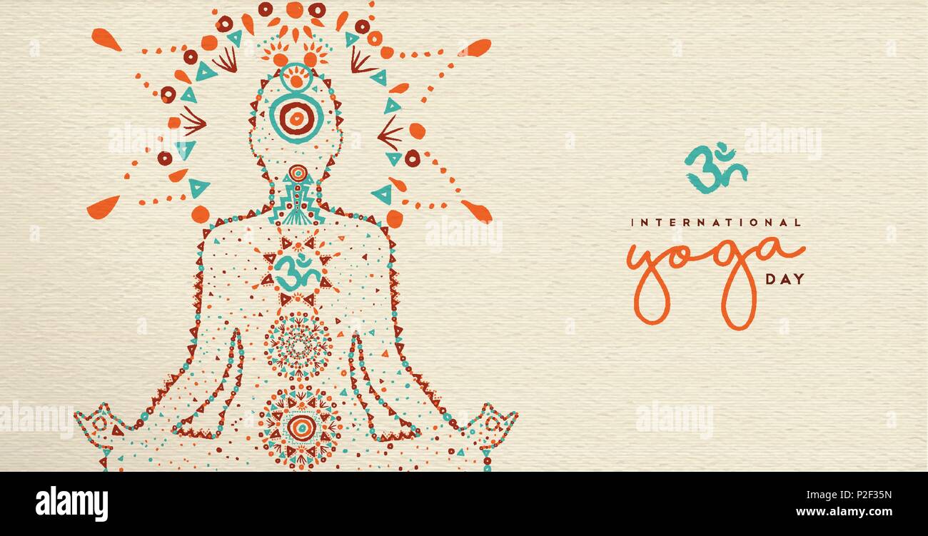 Journée internationale de yoga bandeau web. Personne en relaxant lotus poser fait de la culture indienne décoration style Boho, illustration de l'exercice de méditation zen. E Illustration de Vecteur
