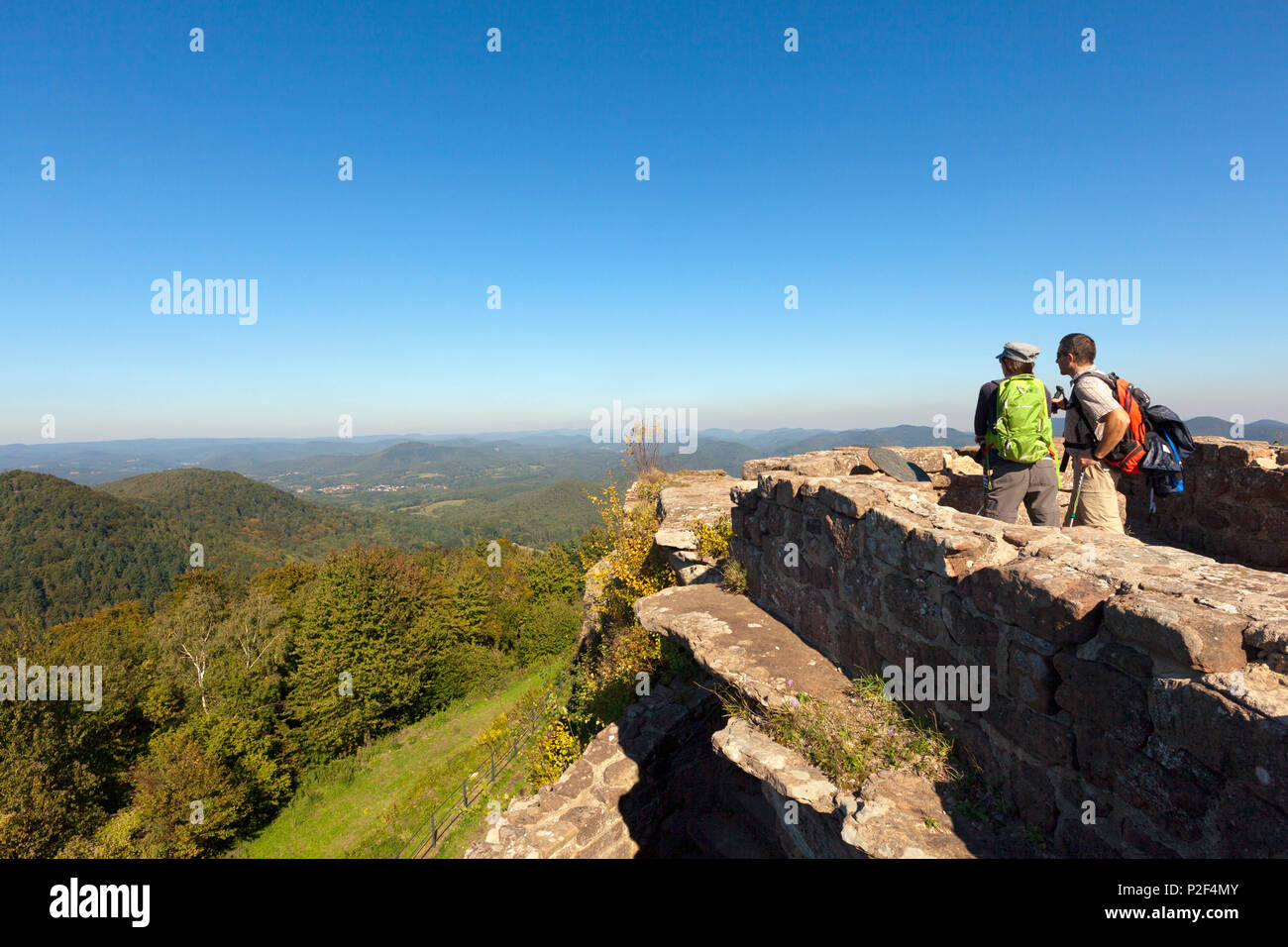 Randonneurs à Wegelnburg château, près de Nothweiler, Dahner Felsenland, parc naturel de la Forêt du Palatinat, Rhénanie-Palatinat, Allemagne Banque D'Images
