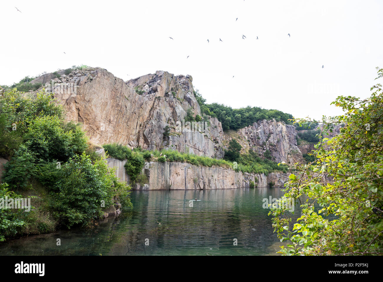 Carrière de pierre Hammerso, Lake et d'escalade, de la mer Baltique, près de Sandvig, Bornholm, Danemark, Europe Banque D'Images