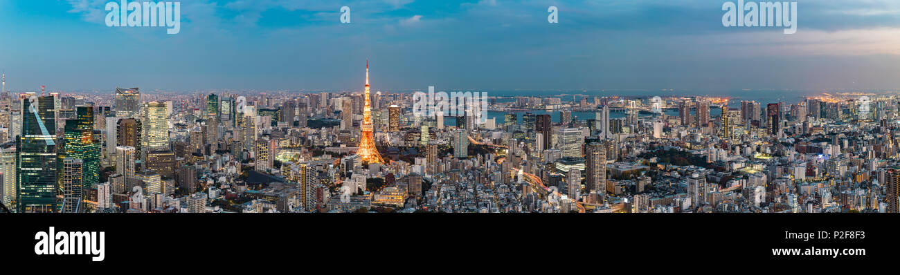 Toits de Tokyo vu de Roppongi Hills avec Skytree, Tour de Tokyo et de la baie et du pont Rainbow pendant heure bleue, Minato-ku, Tokyo, Banque D'Images